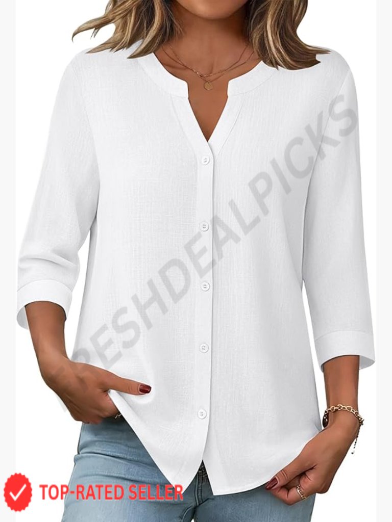 Linen Cotton Button Down Blouse 3/4 Sleeve V Neck Loose Fit Casual Work Top